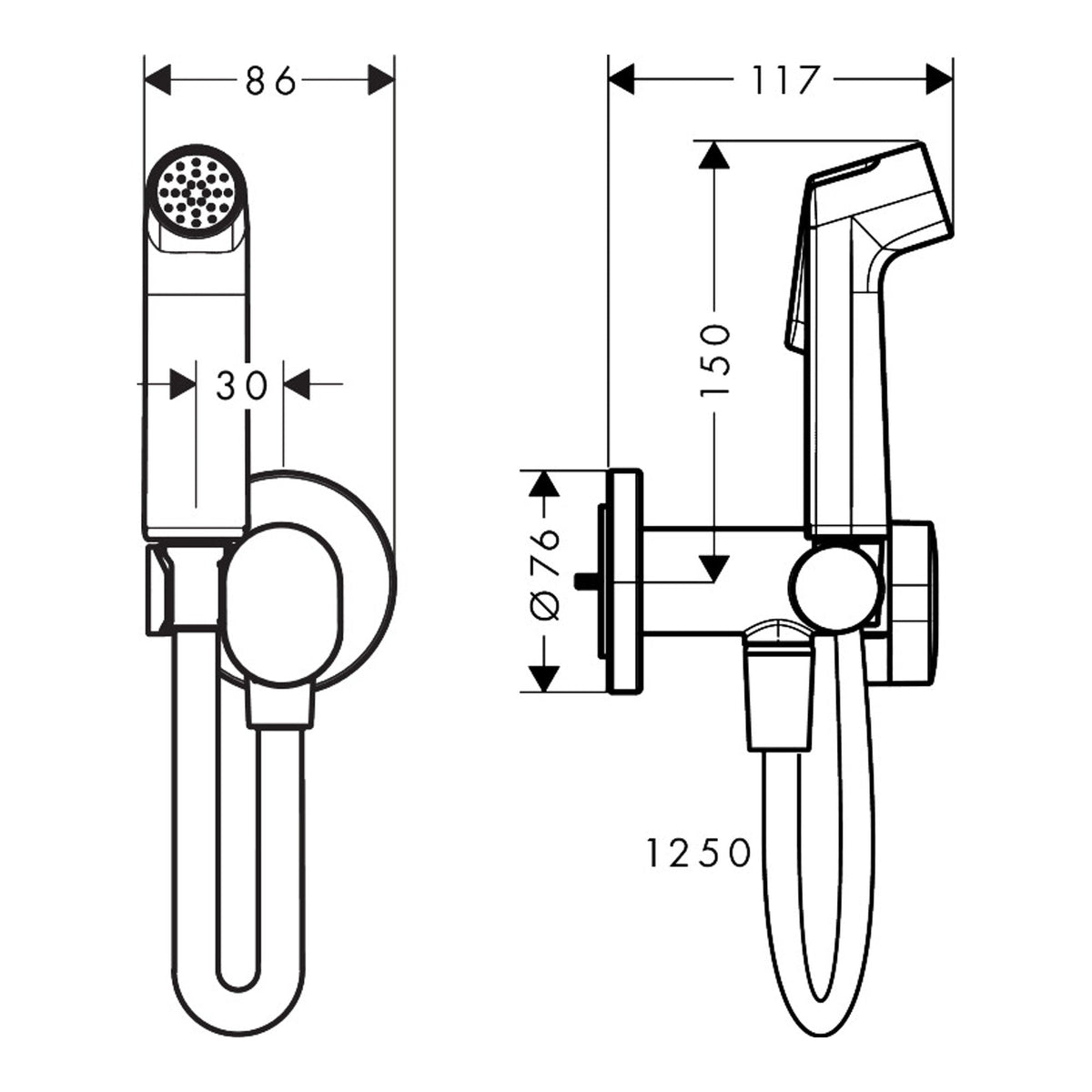 Hansgrohe Bidette hand shower 1jet S EcoSmart for warm water with shower holder and shower hose 125 cm 29232000 technical 02.jpg