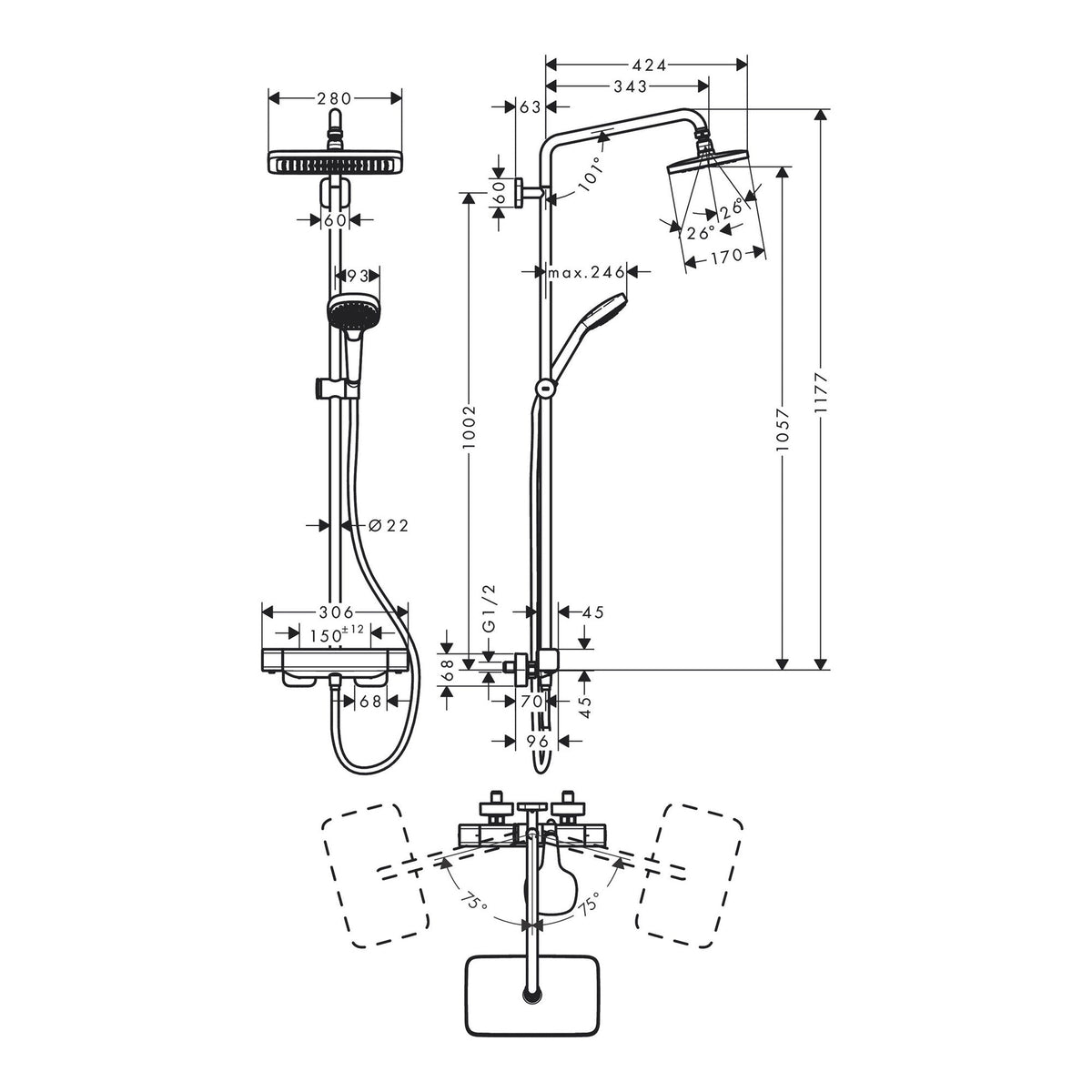 Hansgrohe Croma E Showerpipe 280 1jet EcoSmart with thermostat 27660000 technical 01.jpg