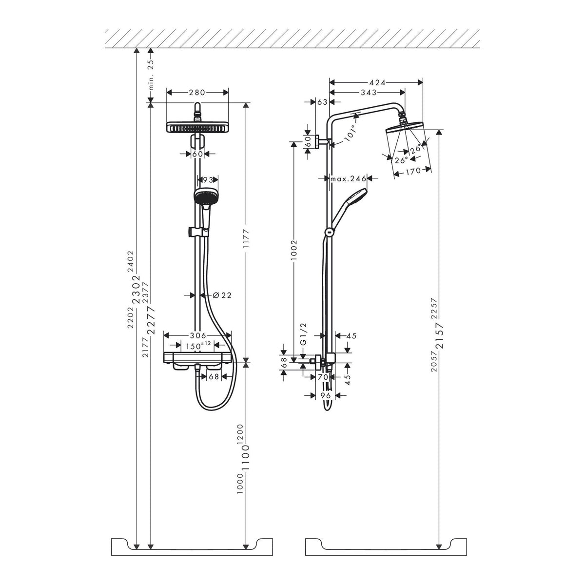 Hansgrohe Croma E Showerpipe 280 1jet EcoSmart with thermostat 27660000 technical 02.jpg