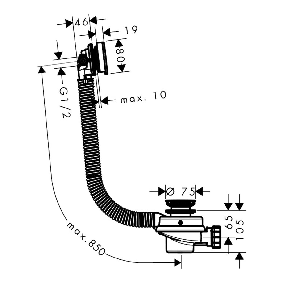 Hansgrohe Exafill Complete set basic set and finish set waste and overflow set for bathtubs 58132000 technical 01.jpg