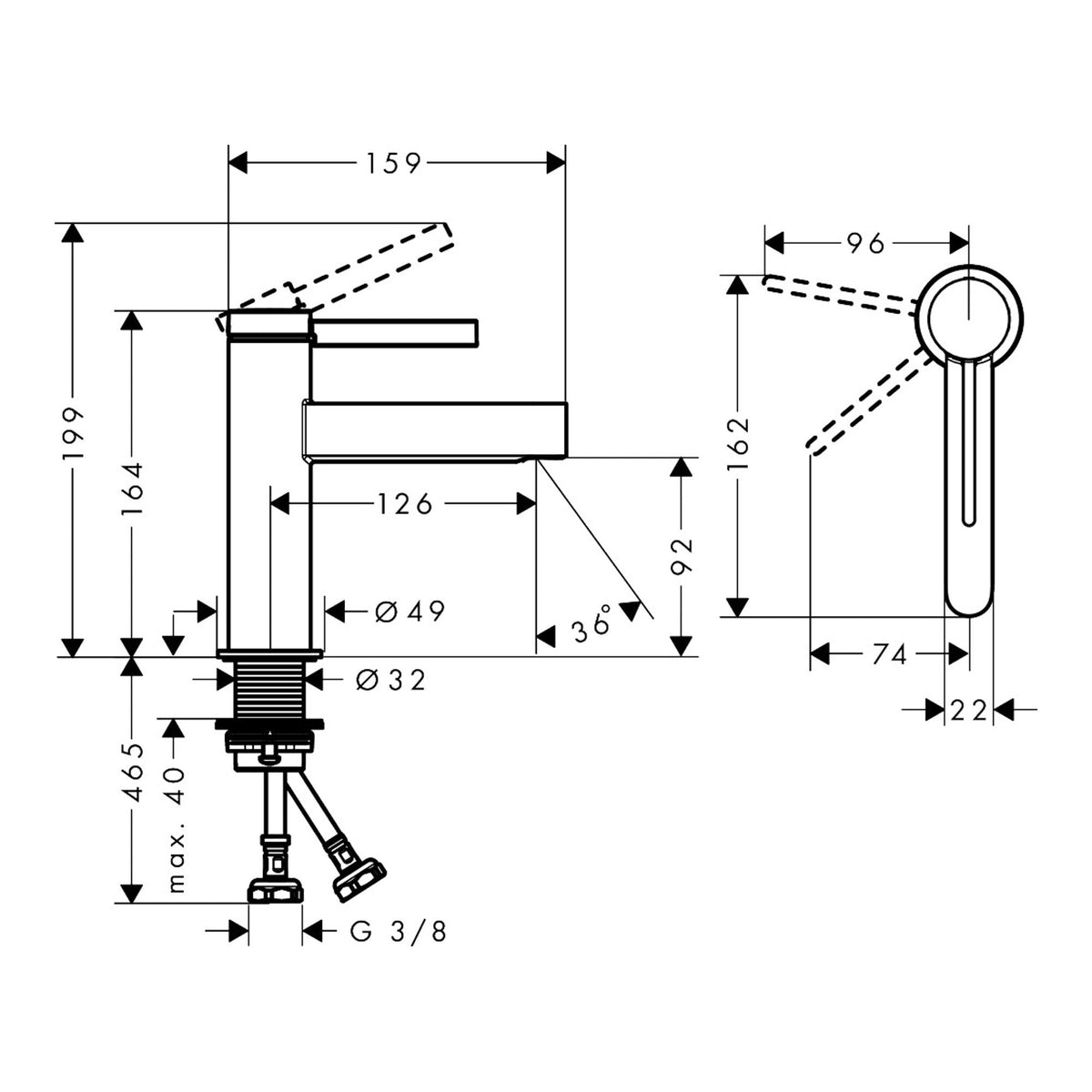 Hansgrohe Finoris Single lever basin mixer 100 CoolStart with push open waste set 76012000 technical 02.jpg