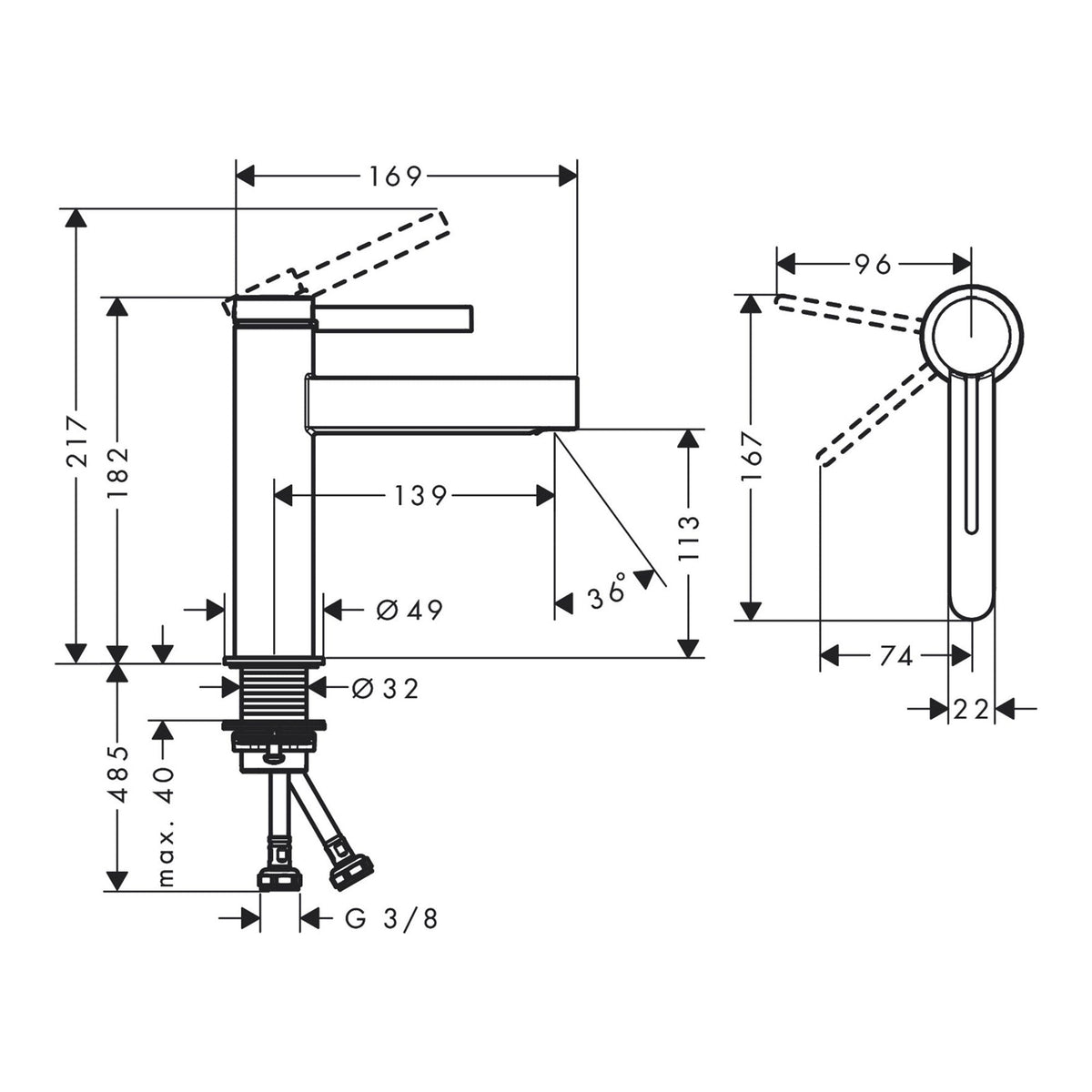 Hansgrohe Finoris Single lever basin mixer 110 CoolStart with push open waste set 76024000 technical 01.jpg