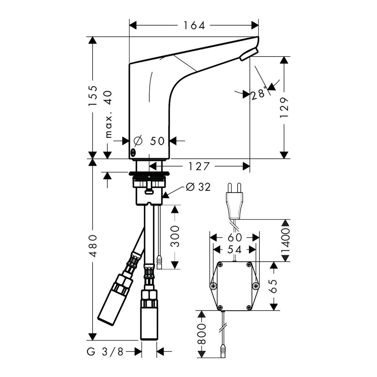 Hansgrohe Focus Electronic basin mixer with temperature pre adjustment mains connection 230 V 31174000 technical 02.jpg
