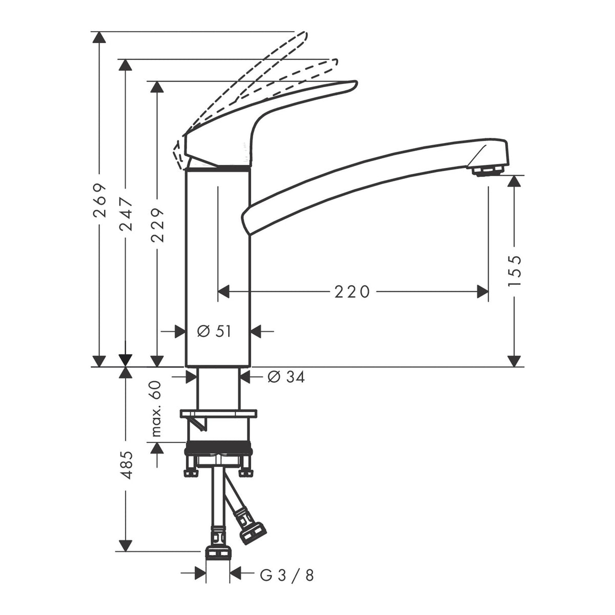 Hansgrohe Focus M41 Single lever kitchen mixer 160 CoolStart EcoSelection 1jet 31816000 technical 01.jpg