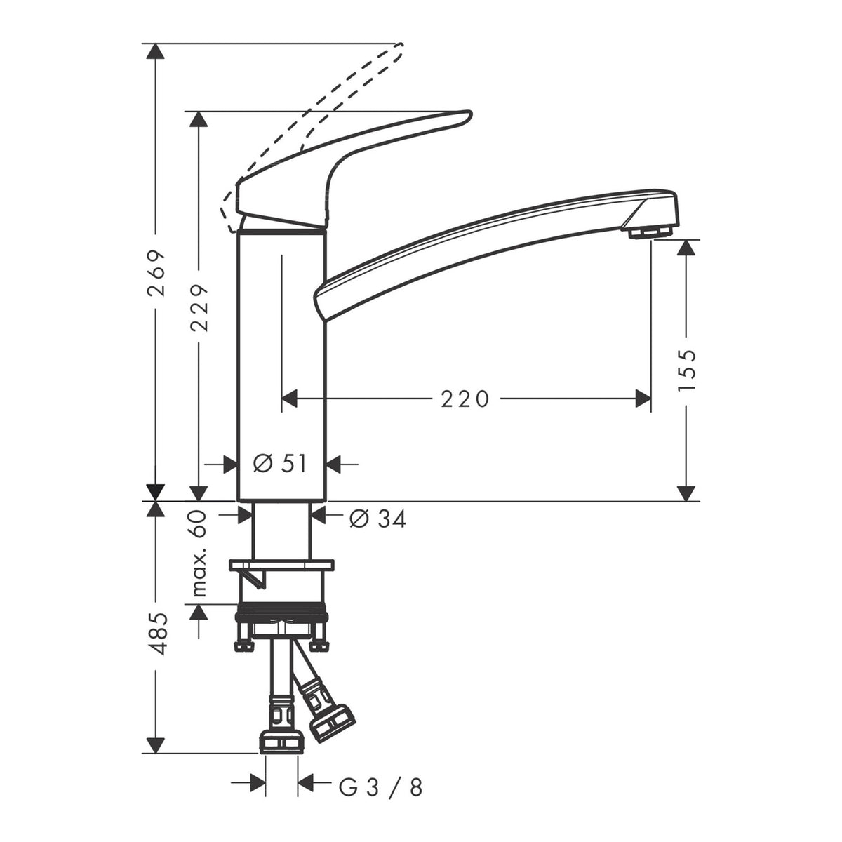 Hansgrohe Focus M41 Single lever kitchen mixer 160 EcoSmart 1jet 31826000 technical 01.jpg