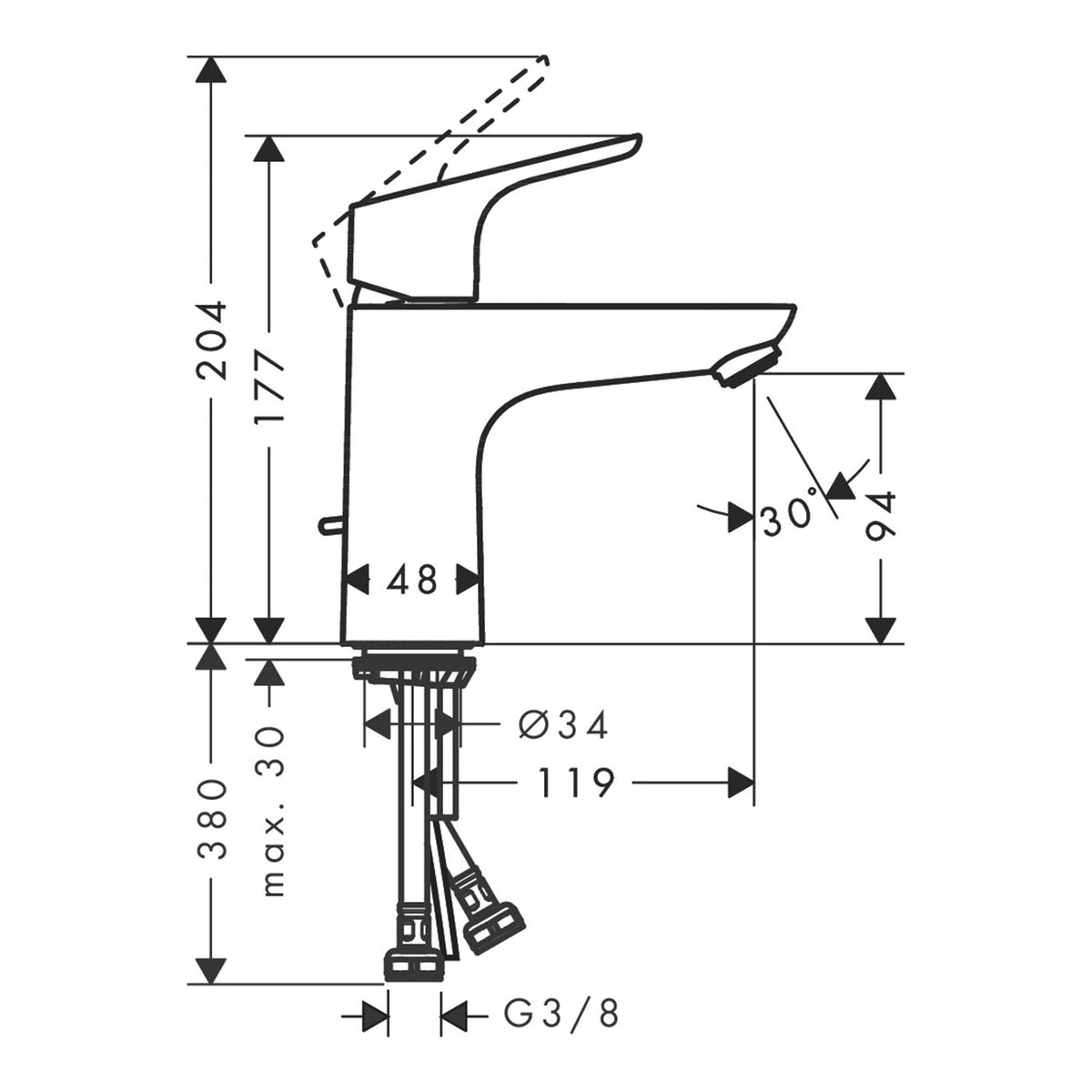 Hansgrohe Focus Single lever basin mixer 100 CoolStart with pop up waste set 31621000 technical 01.jpg