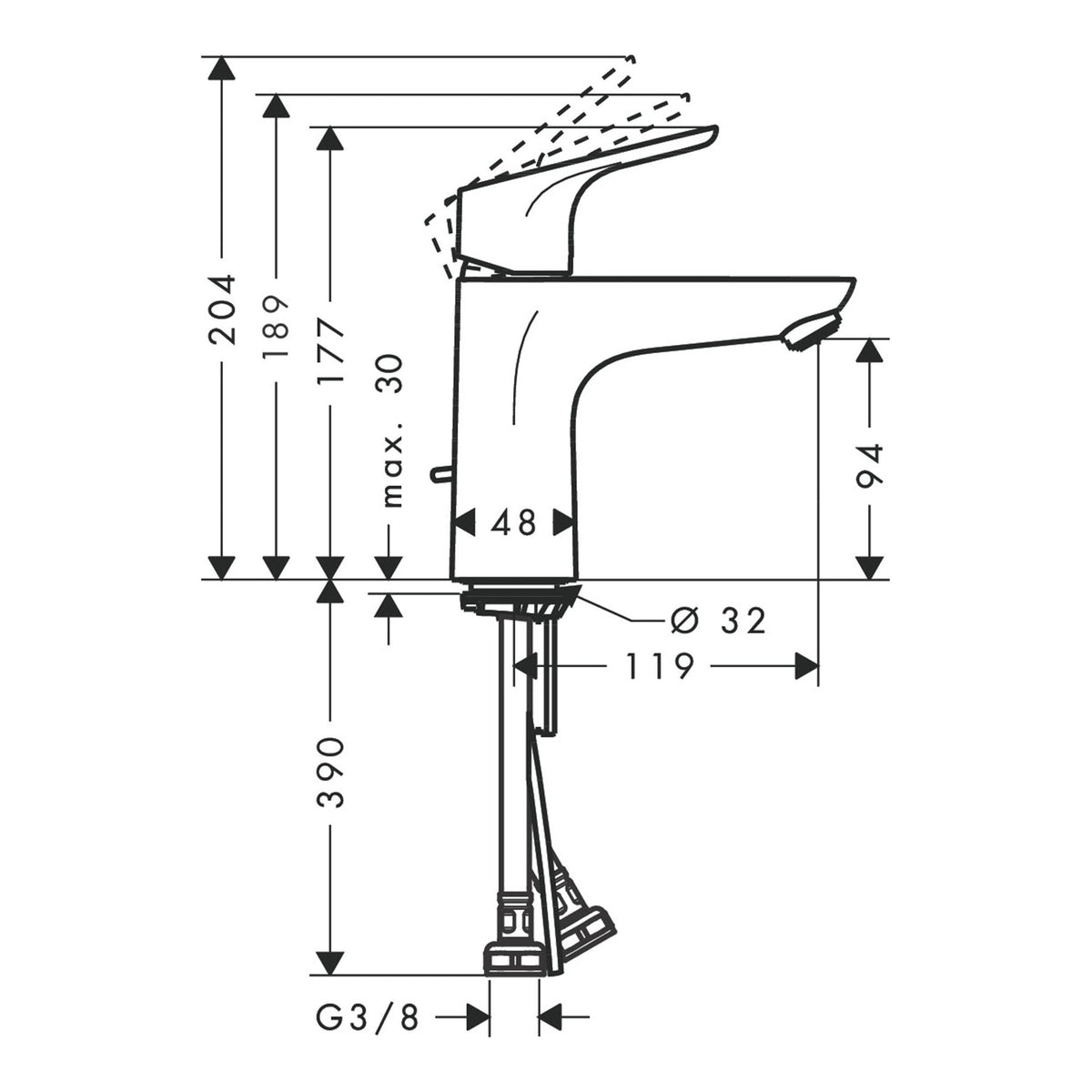 Hansgrohe Focus Single lever basin mixer 100 with 2 flow rates with pop up waste set 31657000 technical 01.jpg