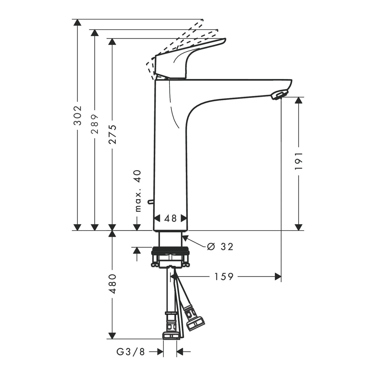 Hansgrohe Focus Single lever basin mixer 190 CoolStart with 2 flow rates with pop up waste set 31658000 technical 01.jpg