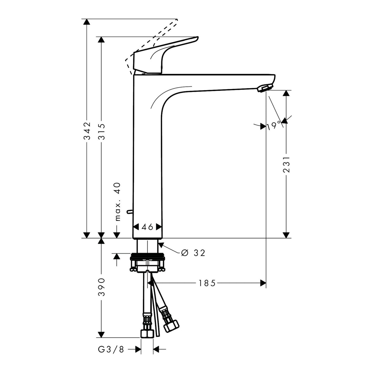 Hansgrohe Focus Single lever basin mixer 230 for wash bowls with pop up waste set 31531000 technical 01.jpg