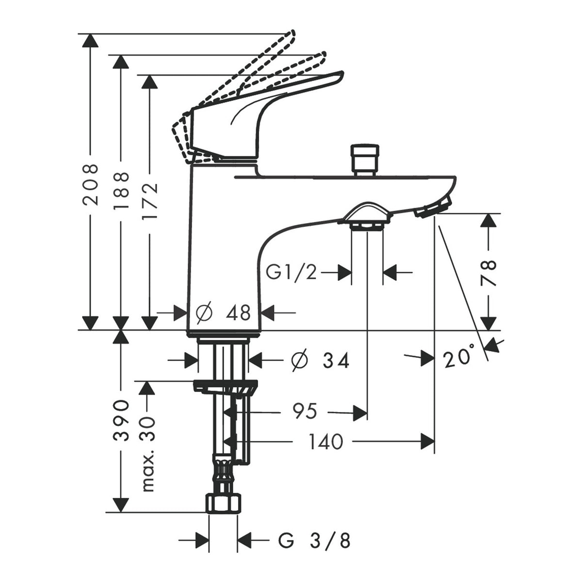 Hansgrohe Focus Single lever bath and shower mixer Monotrou with 2 flow rates 31938000 technical 01.jpg