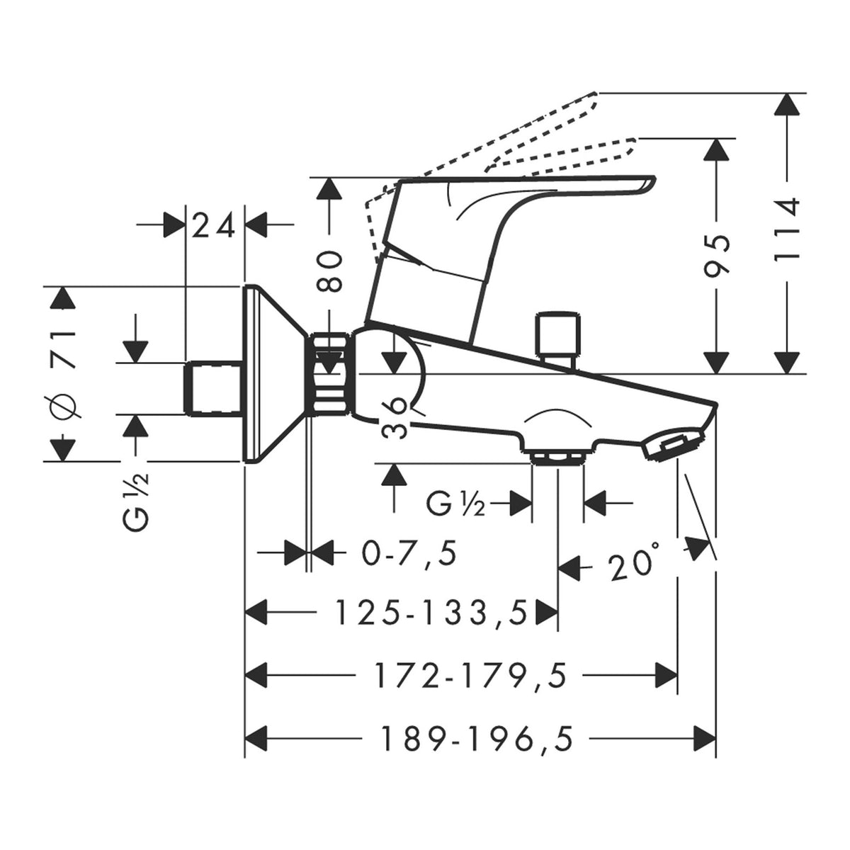 Hansgrohe Focus Single lever bath mixer for exposed installation with 2 flow rates 31948000 technical 01.jpg