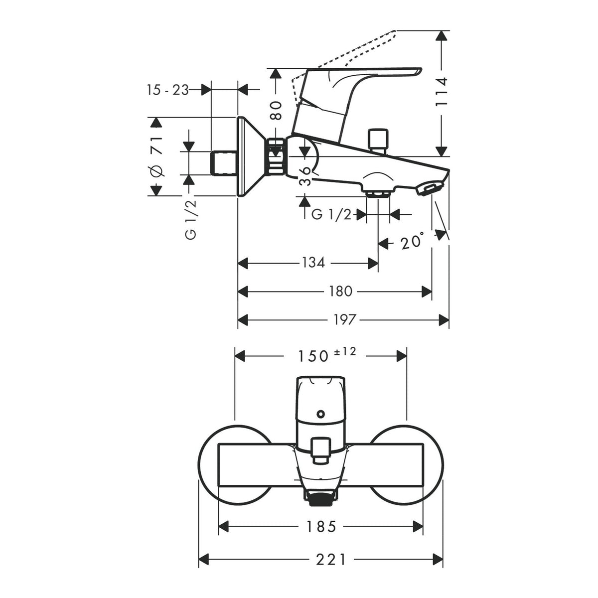 Hansgrohe Focus Single lever bath mixer for exposed installation with 2 flow rates 31948000 technical 02.jpg