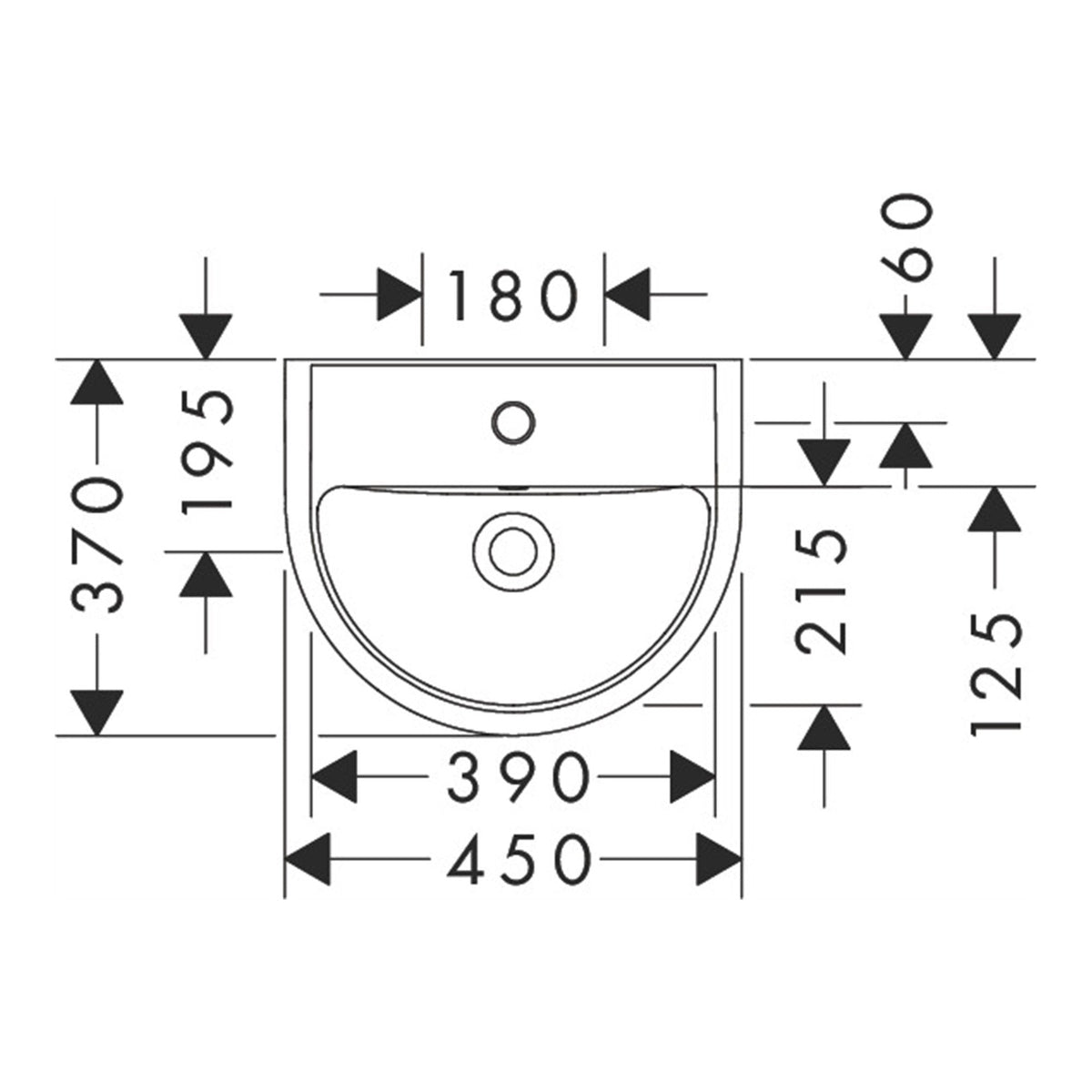Hansgrohe GladeLake S Handrinse basin 450 370 with tap hole and overflow 60100450 technical 01.jpg