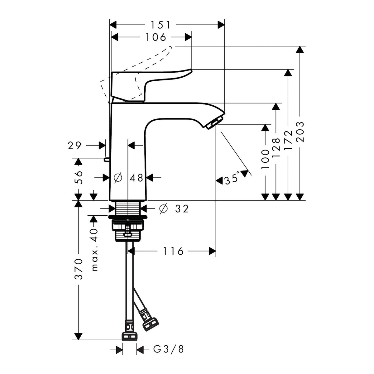 Hansgrohe Metris Single lever basin mixer 110 LowFlow with pop up waste set 31203000 technical 01.jpg