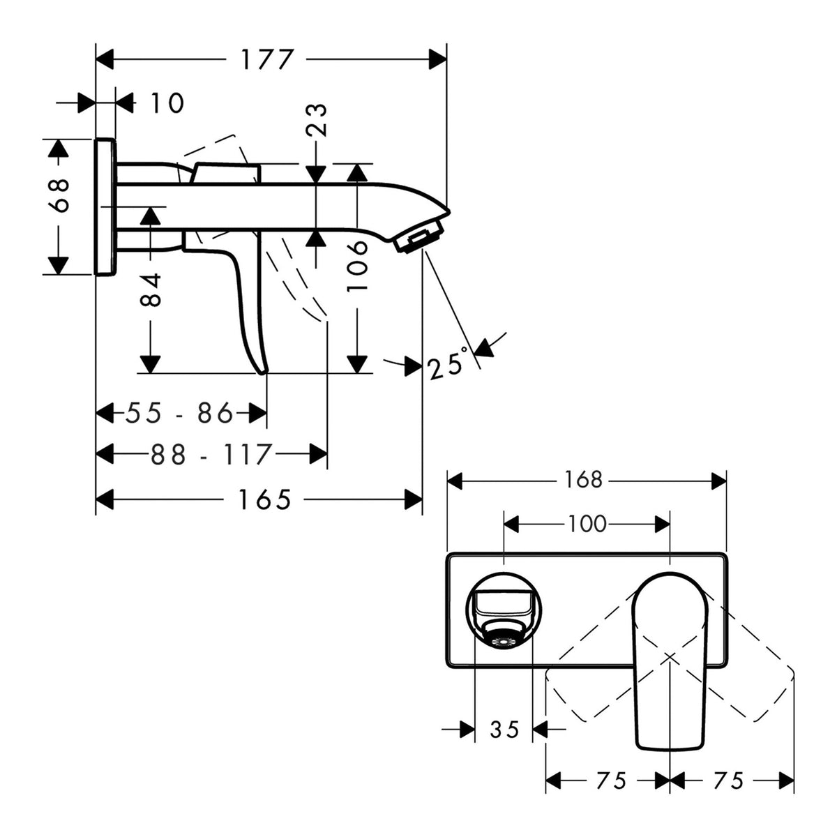 Hansgrohe Metris Single lever basin mixer for concealed installation wall mounted LowFlow 3 5 l min with spout 16 5 cm 31251000 technical 01.jpg