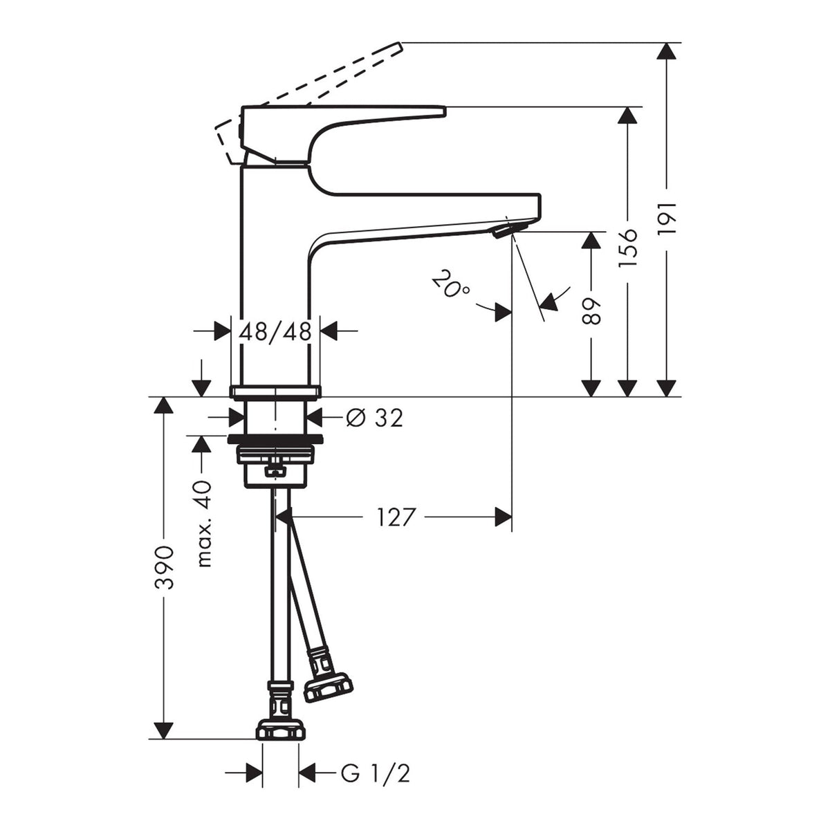 Hansgrohe Metropol Single lever basin mixer 100 with lever handle for handrinse basins without waste set 32500003 technical 01.jpg
