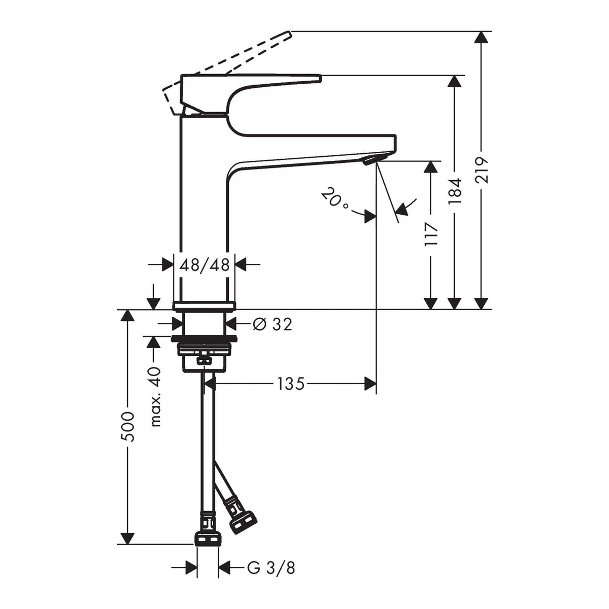 Hansgrohe Metropol Single lever basin mixer 110 with lever handle and push open waste set 32507000 technical 01.jpg