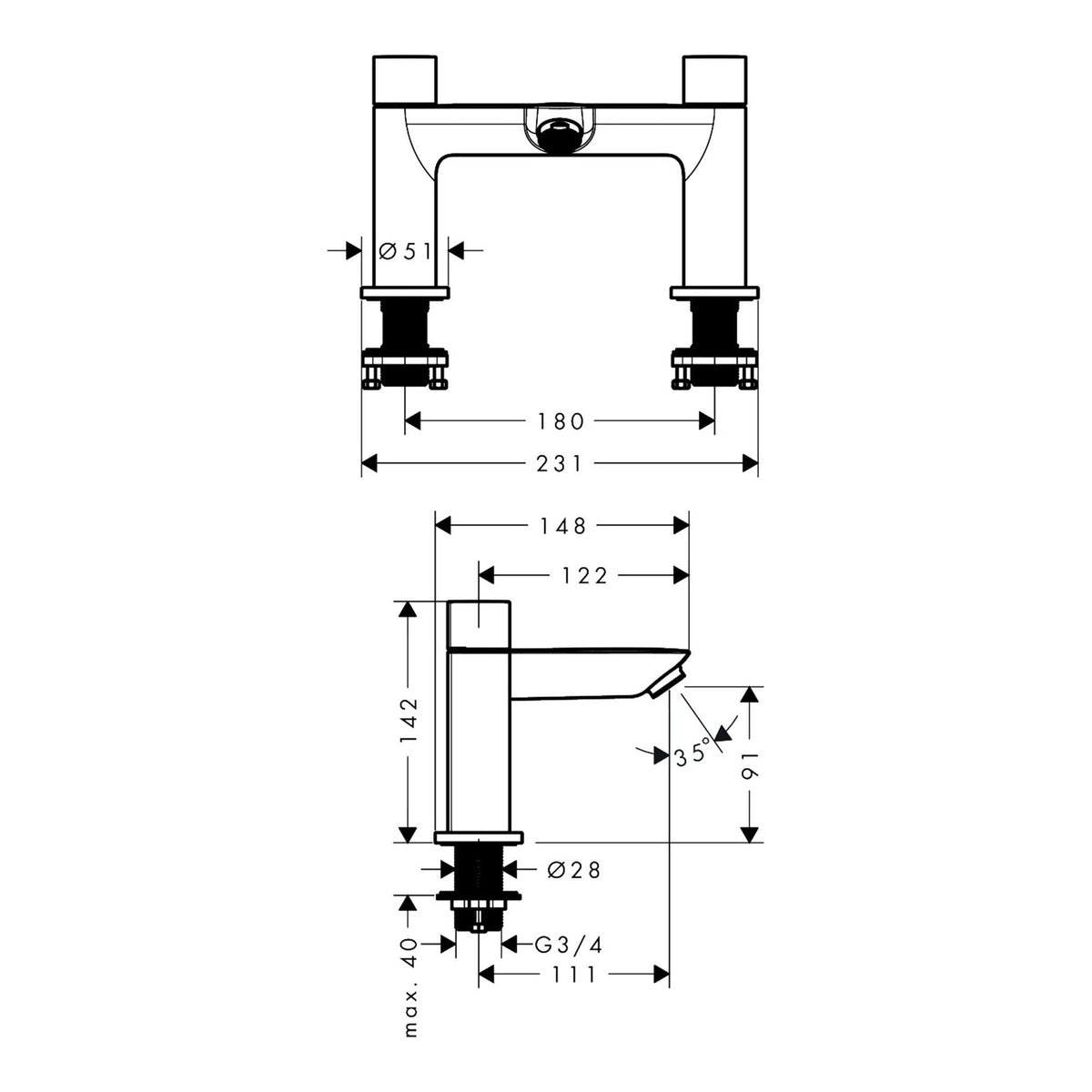 Hansgrohe Neovis Q 2 hole rim mounted bath mixer 71486000 technical 01.jpg