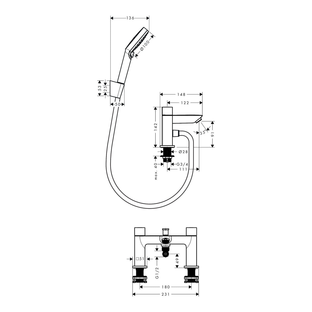 Hansgrohe Neovis Q 2 hole rim mounted bath mixer with diverter valve and hand shower 71487000 technical 01.jpg