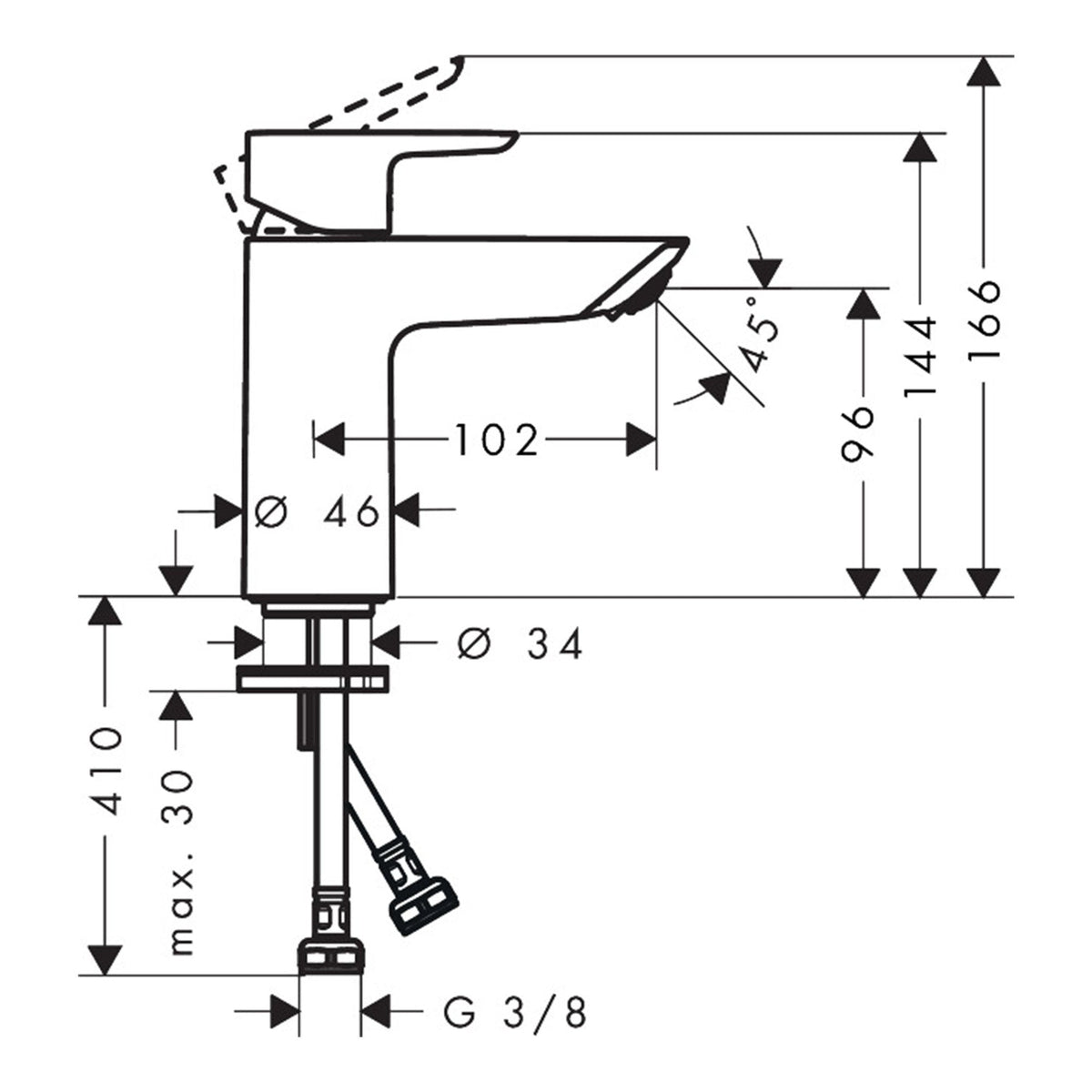Hansgrohe Neovis Q Single lever basin mixer 100 Lite with push open waste set 71334000 technical 01.jpg