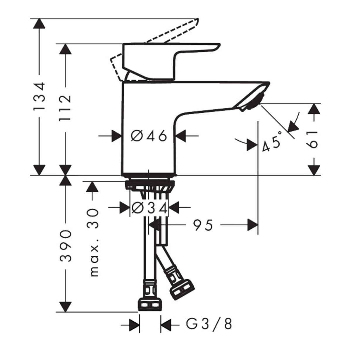 Hansgrohe Neovis Q Single lever basin mixer 70 Lite CoolStart with push open waste set 71051000 technical 01.jpg