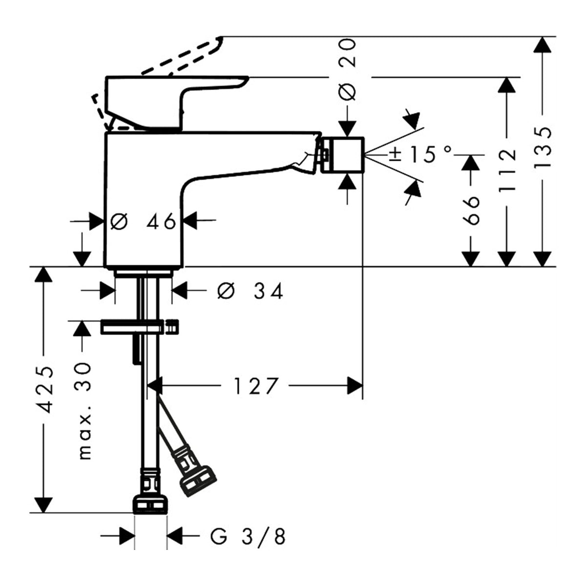 Hansgrohe Neovis Q Single lever bidet mixer with push open waste set 71282000 technical 01.jpg