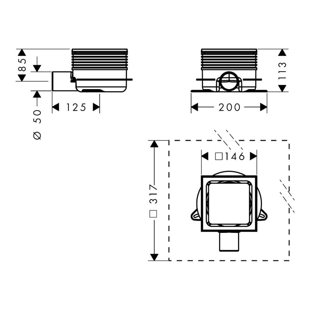 Hansgrohe RainDrain Spot Plus Complete set point drain 150 150 with height adjustable frame 56225800 technical 01.jpg