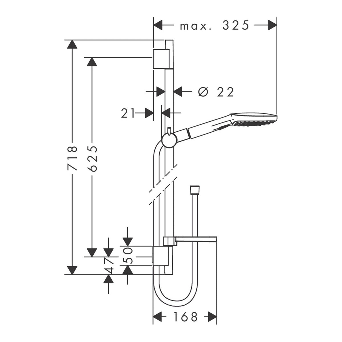 Hansgrohe Raindance Select E Shower set 120 3jet EcoSmart with shower bar 65 cm and soap dish 26622000 technical 01.jpg