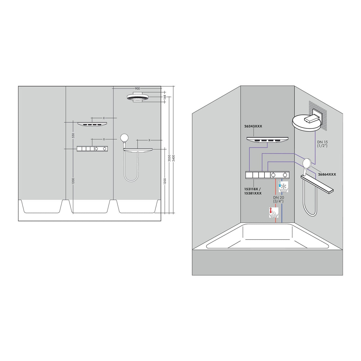 Hansgrohe Rainfinity Overhead shower 250 1jet EcoSmart with wall connector 26227000 technical 02.jpg