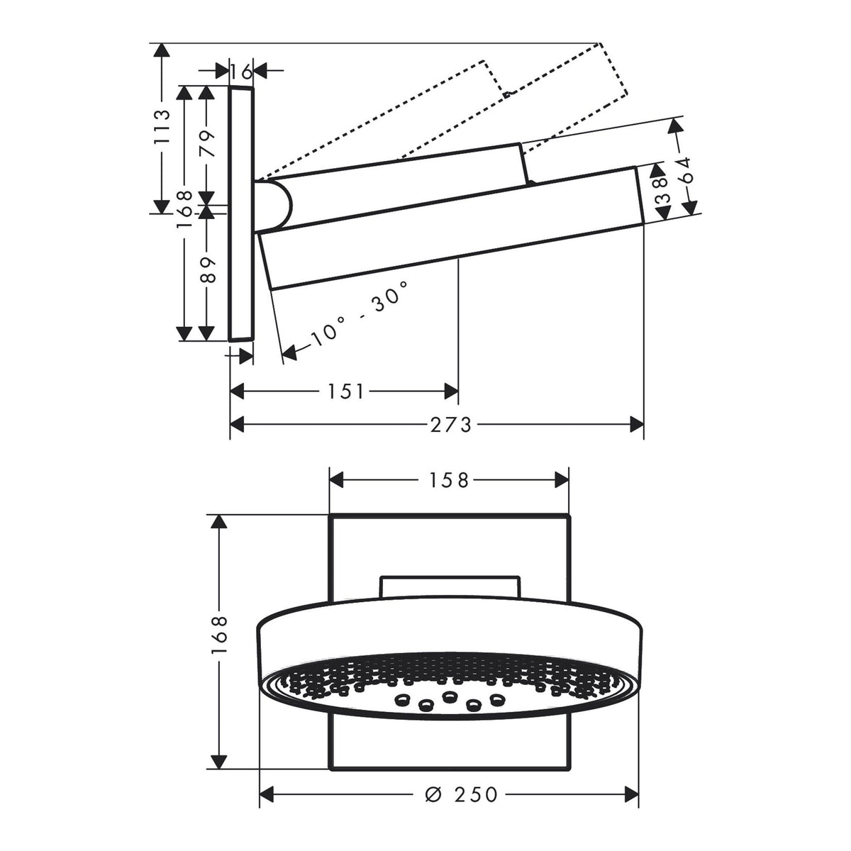 Hansgrohe Rainfinity Overhead shower 250 3jet EcoSmart with wall connector 26233000 technical 01.jpg