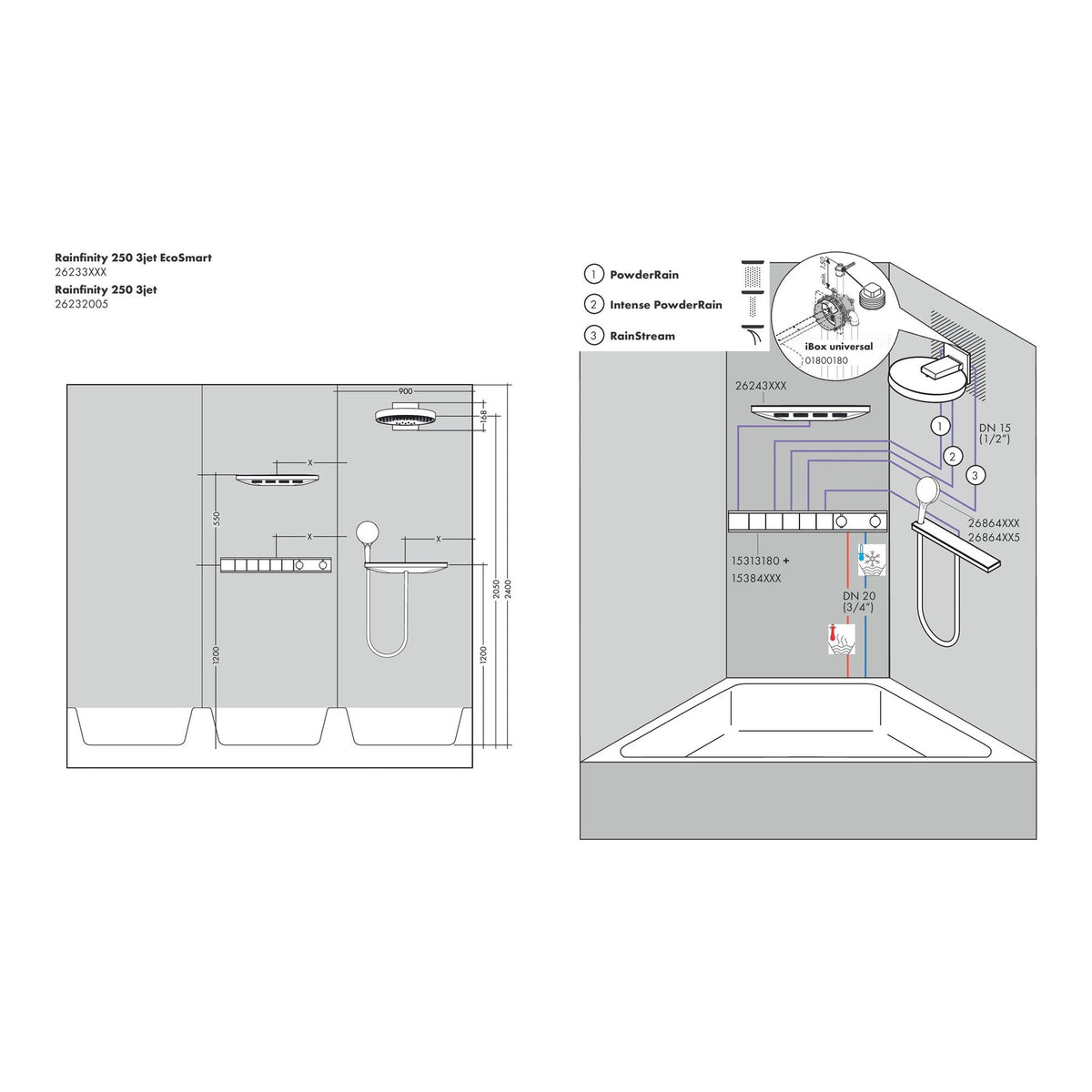 Hansgrohe Rainfinity Overhead shower 250 3jet EcoSmart with wall connector 26233000 technical 03.jpg