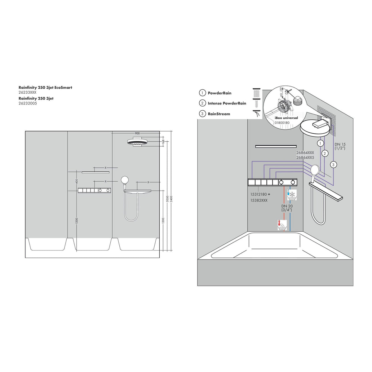 Hansgrohe Rainfinity Overhead shower 250 3jet EcoSmart with wall connector 26233000 technical 04.jpg
