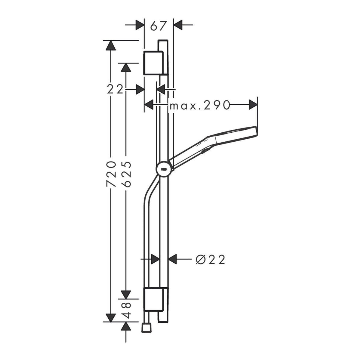 Hansgrohe Rainfinity Shower set 130 3jet EcoSmart with shower bar S Puro 65 cm push slider and Designflex textile shower hose 160 cm 28746000 technical 01.jpg