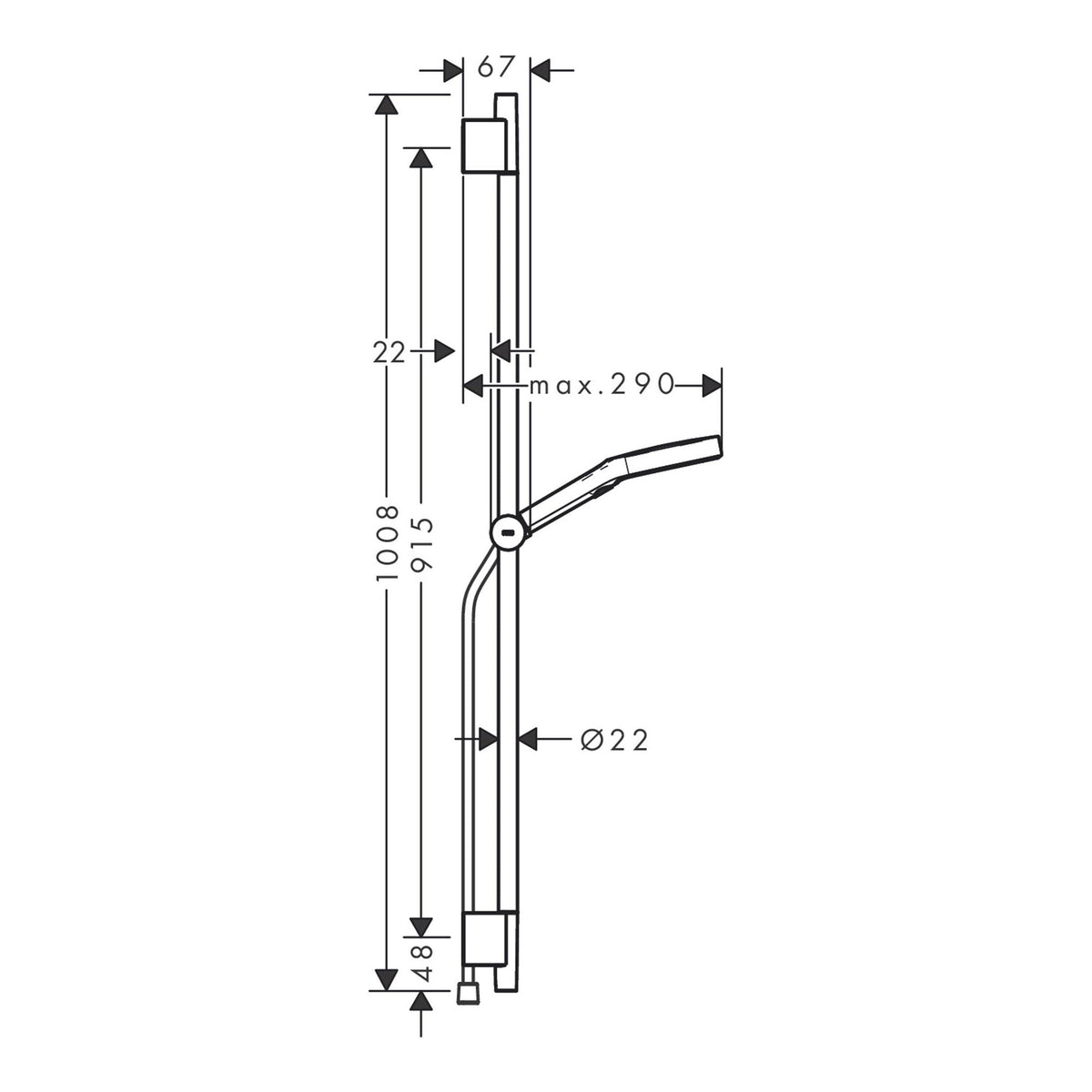 Hansgrohe Rainfinity Shower set 130 3jet EcoSmart with shower bar S Puro 90 cm push slider and Designflex textile shower hose 160 cm 28744000 technical 01.jpg