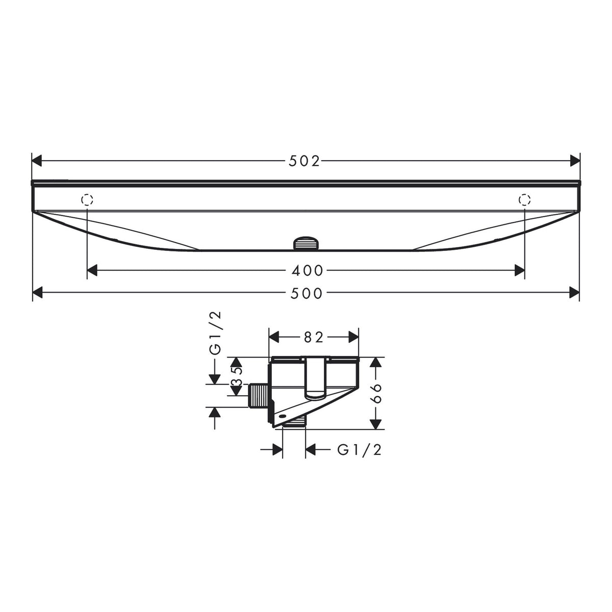 Hansgrohe Rainfinity Wall outlet Porter 500 with shower holder right and shower shelf 26858000 technical 01.jpg
