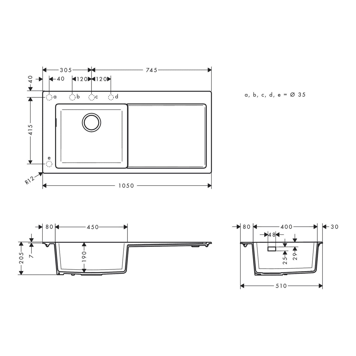 Hansgrohe S51 S5110 F450 Built in sink 450 with drainboard right 43330170 technical 01.jpg