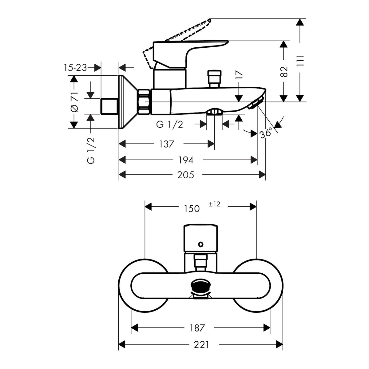 Hansgrohe Talis E Single lever bath mixer for exposed installation 71740000 technical 02.jpg