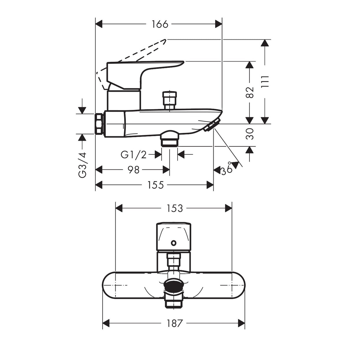 Hansgrohe Talis E Single lever bath mixer for exposed installation with centre distance 15 3 cm 71741000 technical 01.jpg