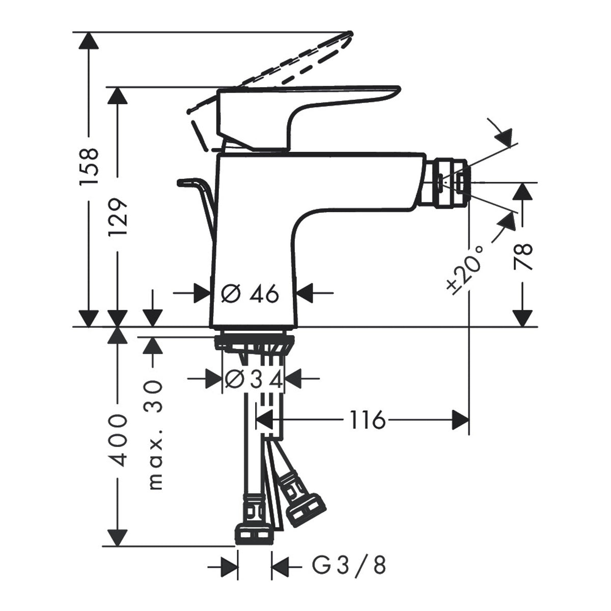Hansgrohe Talis E Single lever bidet mixer with pop up waste set 71720000 technical 02.jpg