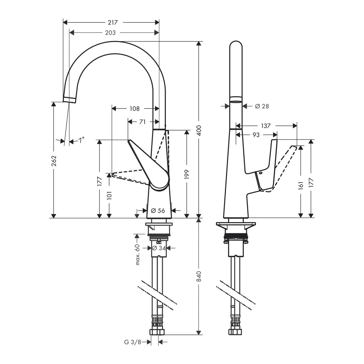 Hansgrohe Talis M51 Single lever kitchen mixer 260 1jet 72810000 technical 01