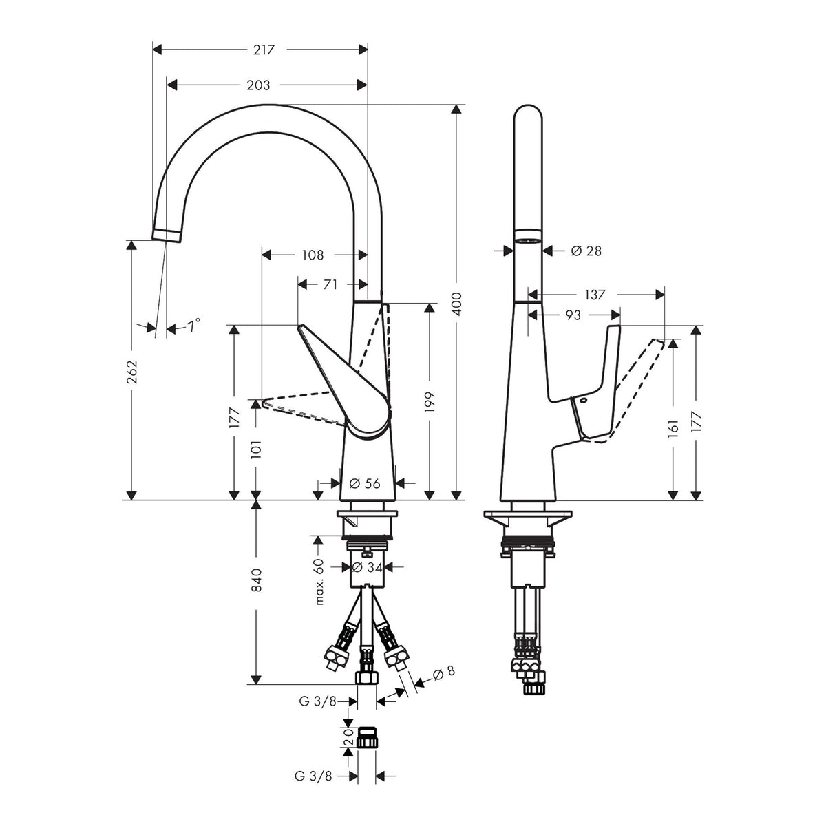 Hansgrohe Talis M51 Single lever kitchen mixer 260 LowPressure vented hot water cylinders 1jet 72812000 technical 01