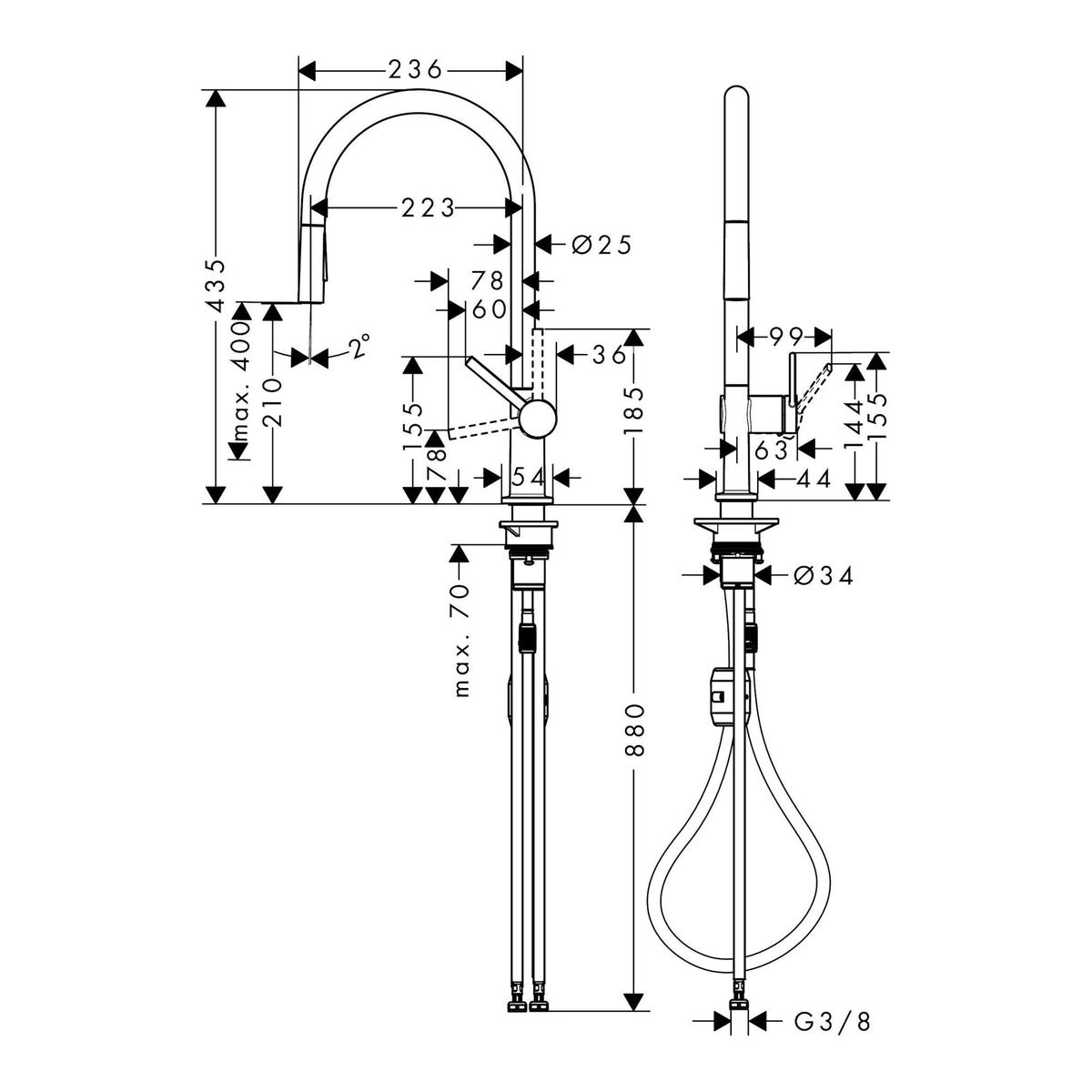 Hansgrohe Talis M54 Single lever kitchen mixer 210 EcoSmart pull out spray 2jet 72842000 technical 01