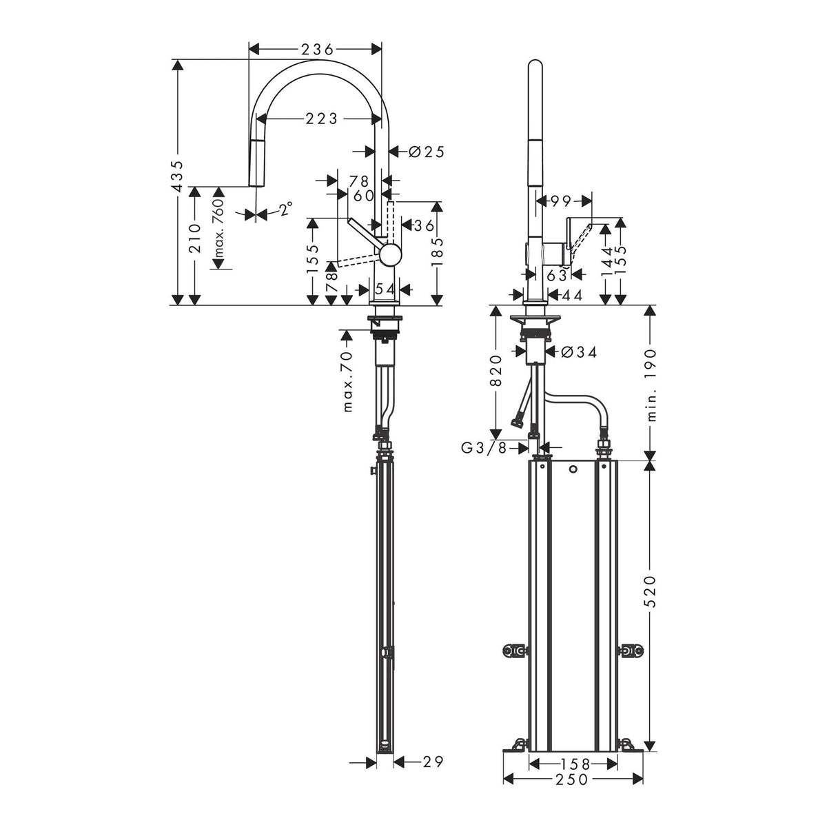 Hansgrohe Talis M54 Single lever kitchen mixer 210 pull out spout 1jet sBox 72803000 technical 01