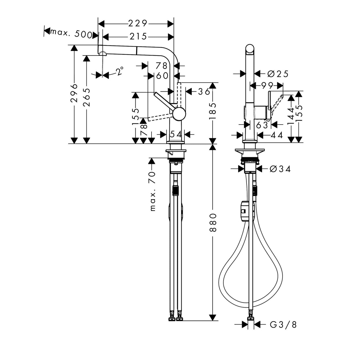 Hansgrohe Talis M54 Single lever kitchen mixer 270 EcoSmart pull out spout 1jet 72845000 technical 01.jpg