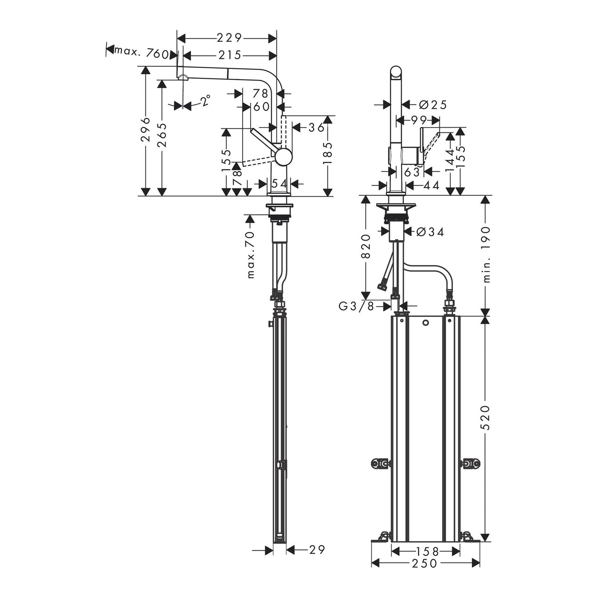 Hansgrohe Talis M54 Single lever kitchen mixer 270 pull out spout 1jet sBox 72809000 technical 01
