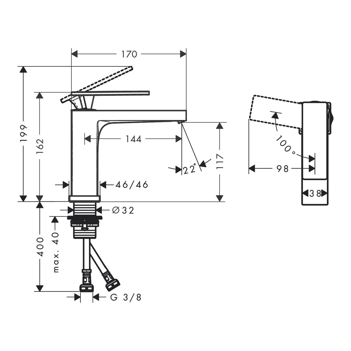 Hansgrohe Tecturis E Single lever basin mixer 110 CoolStart without waste set 73016000 technical 01.jpg