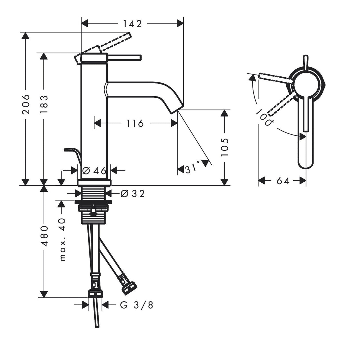 Hansgrohe Tecturis S Single lever basin mixer 80 CoolStart EcoSmart with pop up waste set 73314000 technical 02.jpg