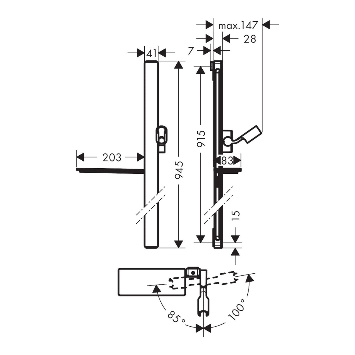 Hansgrohe Unica Shower bar E 90 cm with Isiflex shower hose 160 cm 27640000 technical 01.jpg