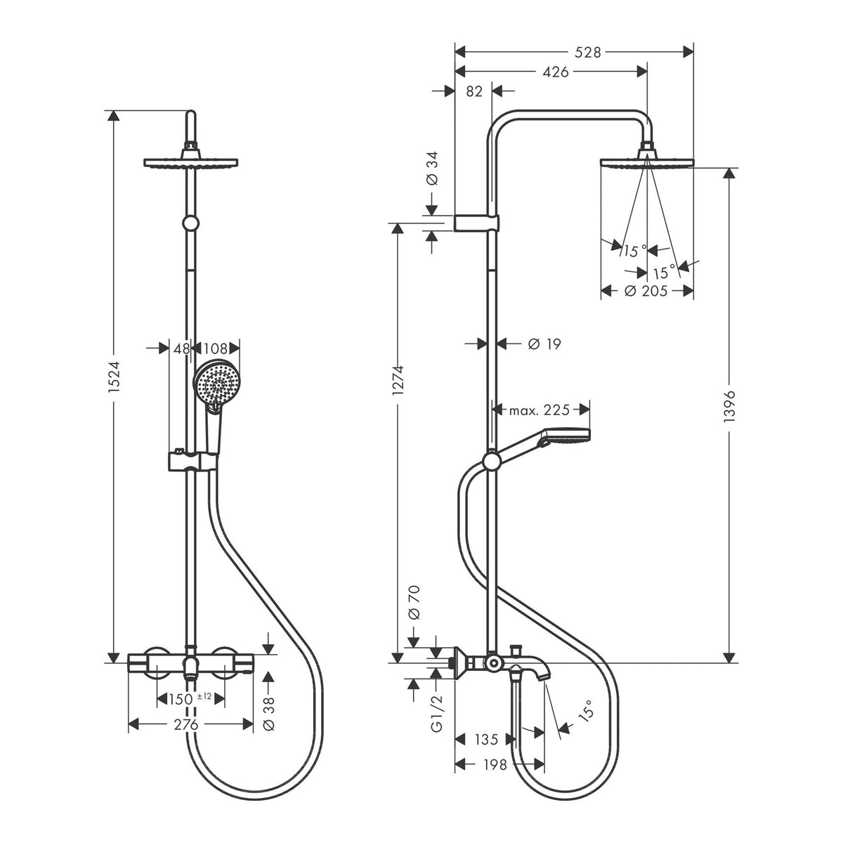Hansgrohe Vernis Blend Showerpipe 200 1jet with bath thermostat 26274000 technical 01.jpg