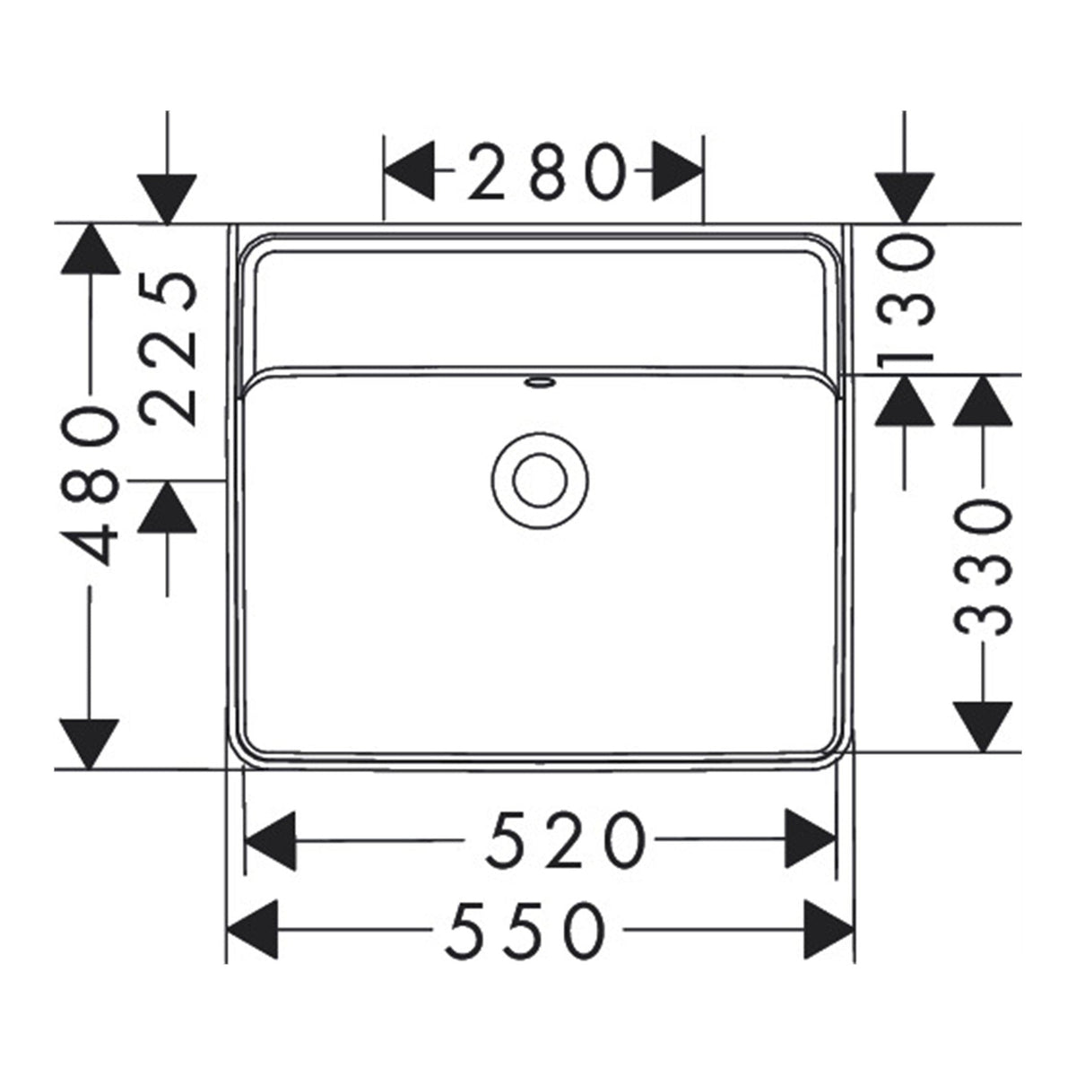 Hansgrohe Xanuia Q Wash basin 550 480 without tap hole with overflow 60235450 technical 01.jpg